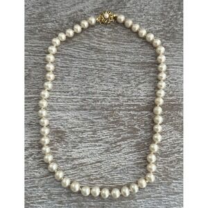 Vintage Hand Knotted Single Strand Faux Pearl Necklace Flower Clasp Japan